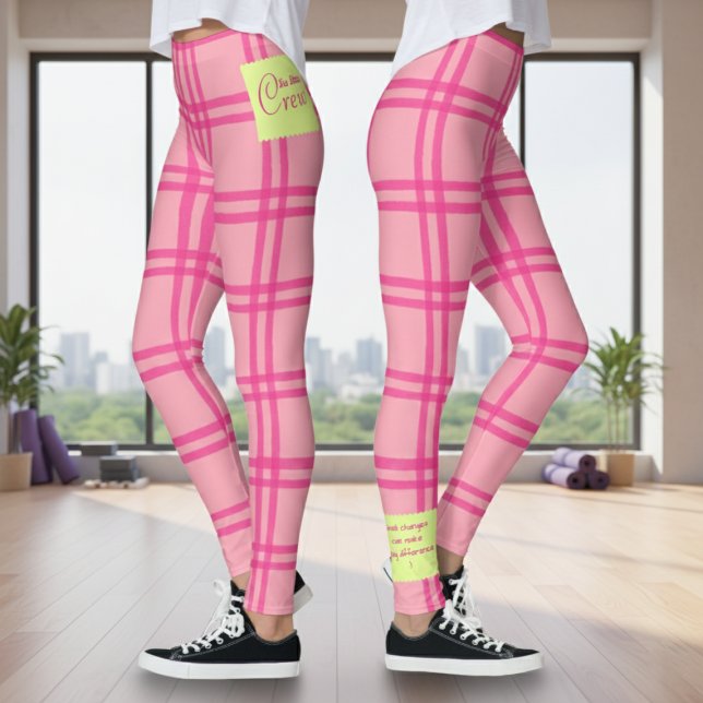 Yoga Pilates Barre Jiu Jitsu Customised Pink Check Leggings (Pink check pattern leggings with a fitness studio background.)