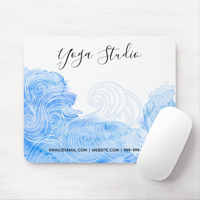 Yoga Pilates Reiki Studio Blue Waves Watercolor Mouse Pad (With Mouse)
