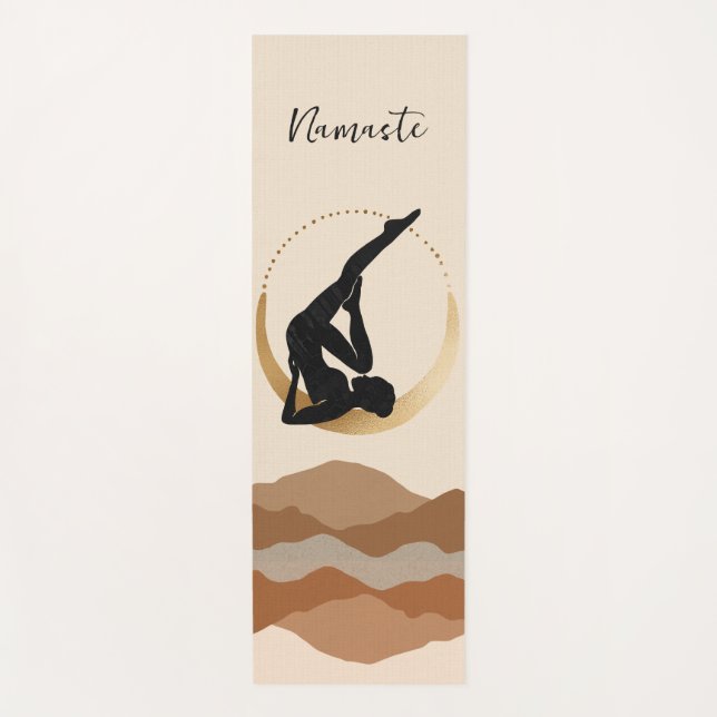 Yoga pose Namaste silhouette gold crescent moon  Mat (Front)