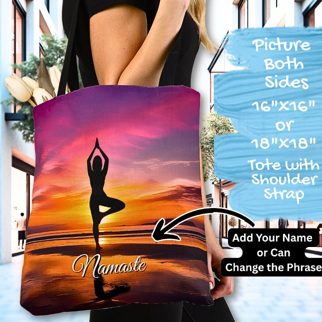 Yoga Pose Pink Orange Sunset Add Name or Your Text Tote Bag (Creator Uploaded)