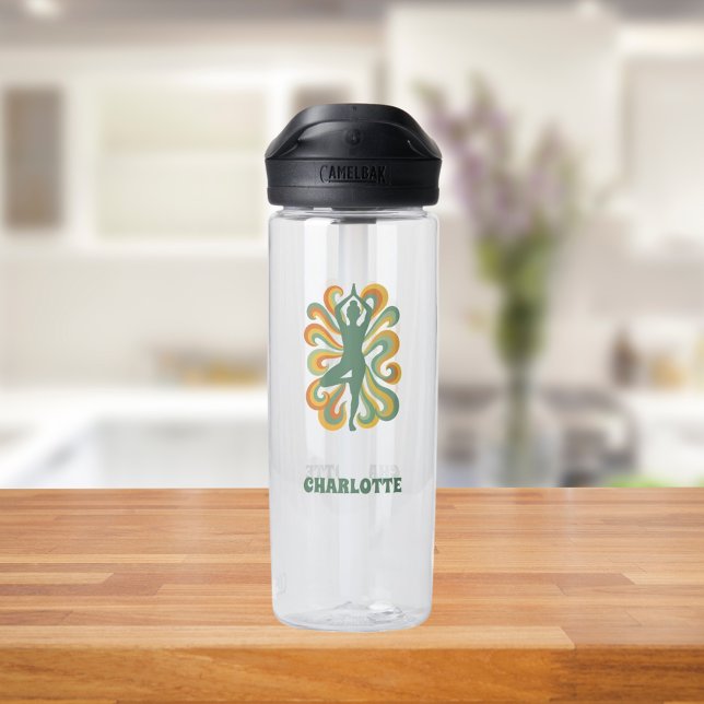Yoga pose retro swirls name water bottle (Creator Uploaded)