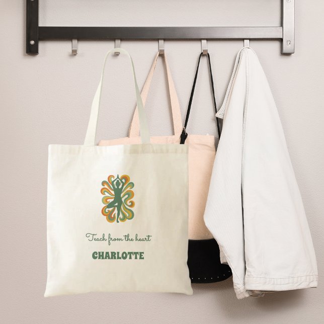 Yoga pose swirls green orange name slogan retro tote bag (Creator Uploaded)