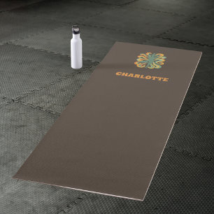 Yoga pose swirls retro brown orange name yoga mat