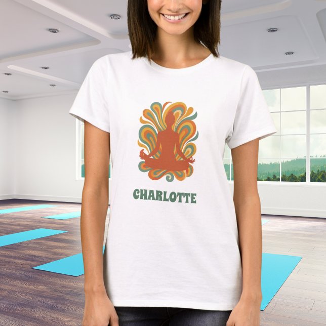 Yoga pose swirls retro green orange name T-Shirt (Creator Uploaded)