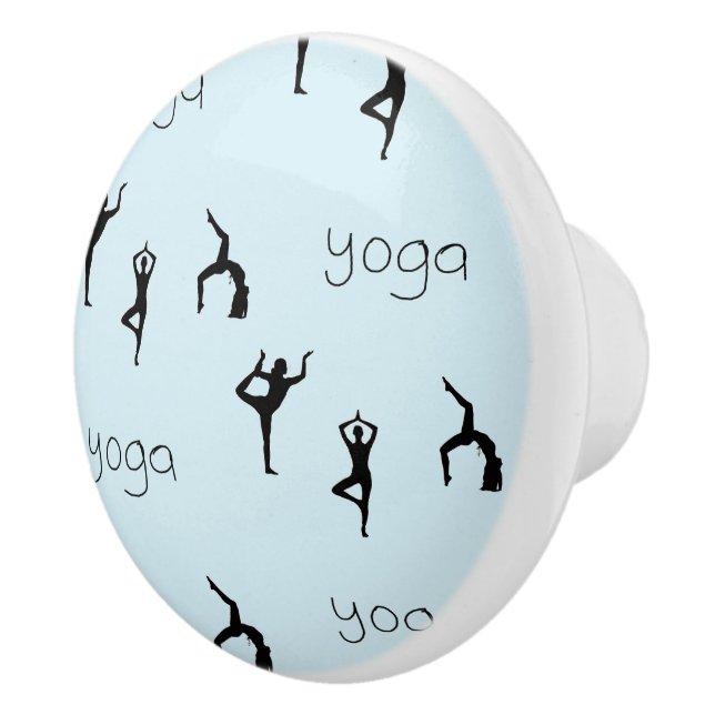 Yoga poses and text pattern on blue ceramic knob (Right)