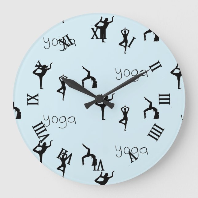 Yoga poses and text pattern on blue large clock (Front)