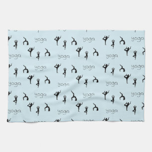 Yoga poses and text pattern on blue tea towel