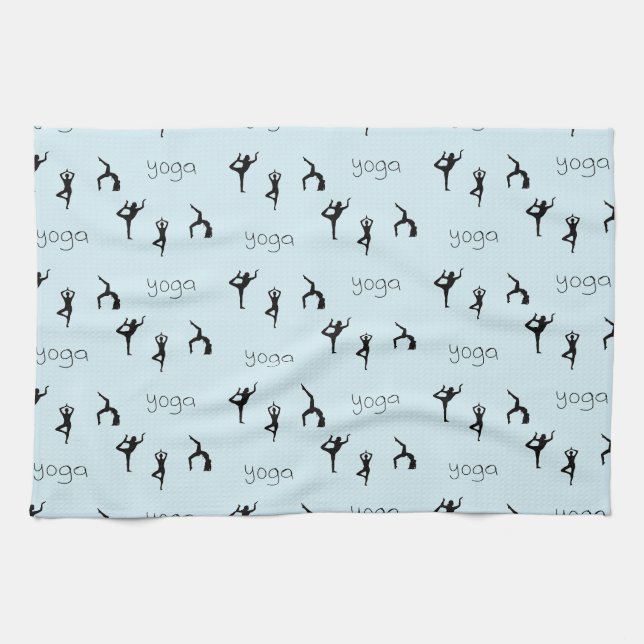 Yoga poses and text pattern on blue tea towel (Horizontal)