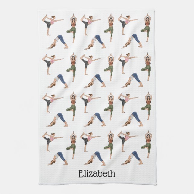 Yoga Poses Colourful Workout Pattern With Name Tea Towel (Vertical)