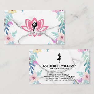 Yoga Poses Marble and Elegant Flowers Business Card