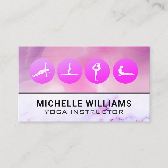 Yoga Poses | Watercolor Marble Background Business Card (Front)