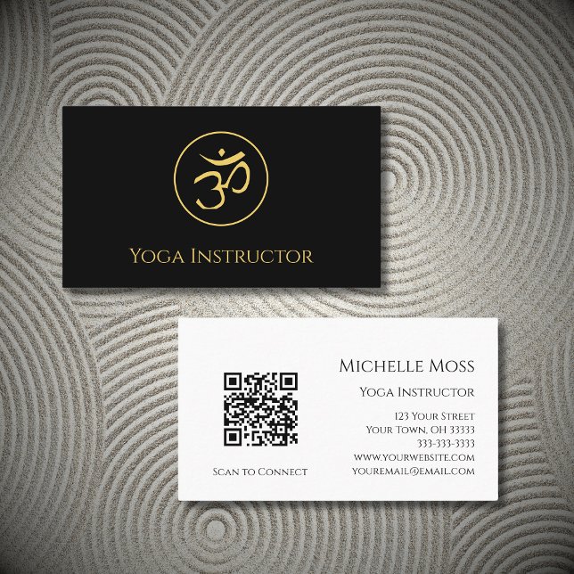 Yoga QR code Om Symbol Modern Black Gold Business Card (Creator Uploaded)