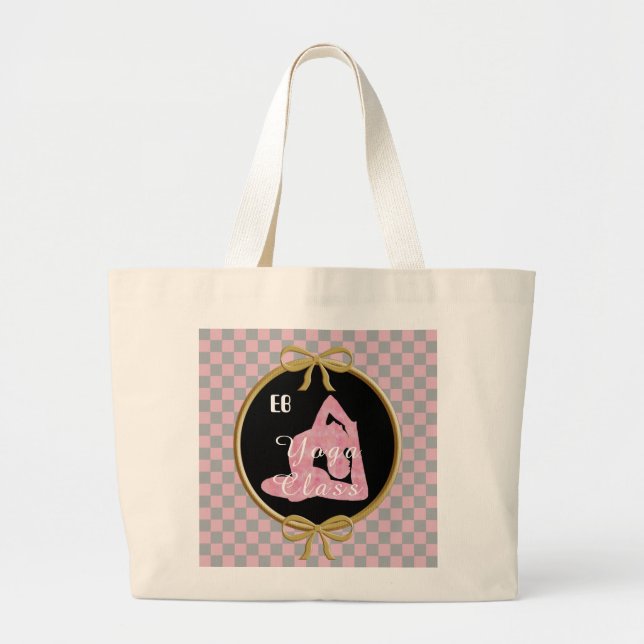 Yoga Silhouette & Soft Pink & Grey Checks Large Tote Bag (Front)