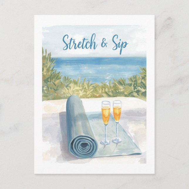 Yoga Stretch and Sip with ocean background Postcard (Front)