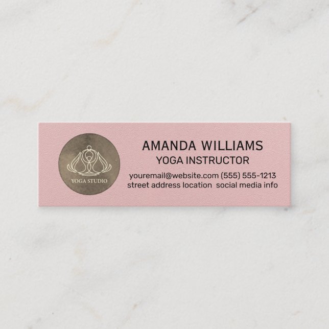 Yoga Studio Icon | Pink Leather Texture Mini Business Card (Front)