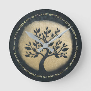 Yoga Studio Meditation Instructor Black Gold Tree Round Clock