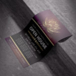 YOGA Studio Meditation Instructor Open House Lotus Flyer<br><div class="desc">Yoga Studio Meditation Instructor / Life Coach / Healer / Reiki Master / Massage Therapy Open House Flyer Template - Modern Elegant Faux Gold Lotus on Purple Grunge Background.</div>