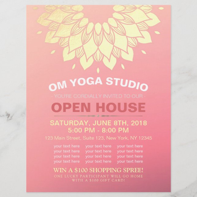 YOGA Studio Open House Gold Foil Mandala Flowers Flyer (Front)