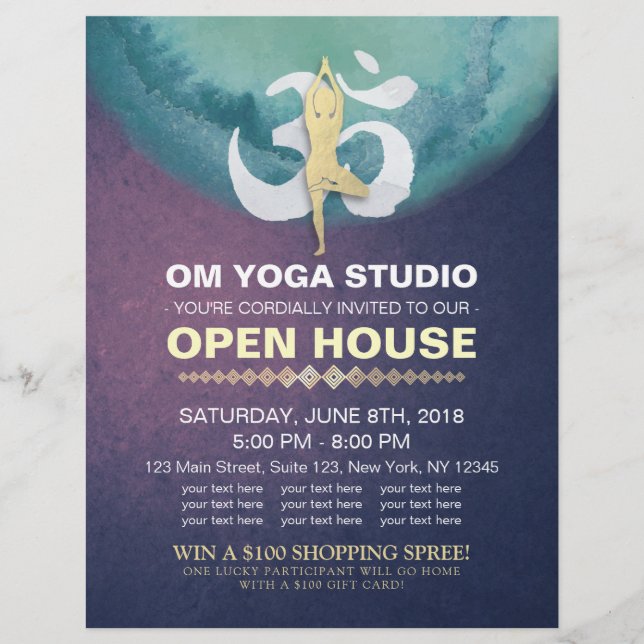 YOGA Studio Open House Meditation Pose & OM Symbol Flyer (Front)