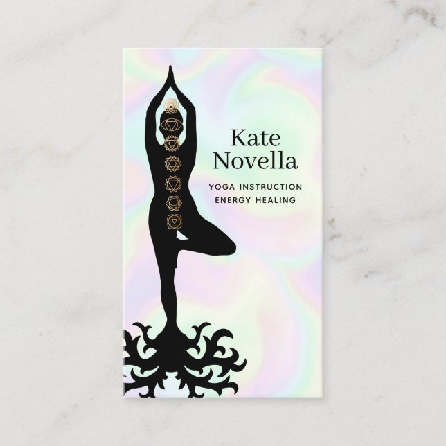 Yoga Teacher, Chakras Holographic Background. Business Card (Front)