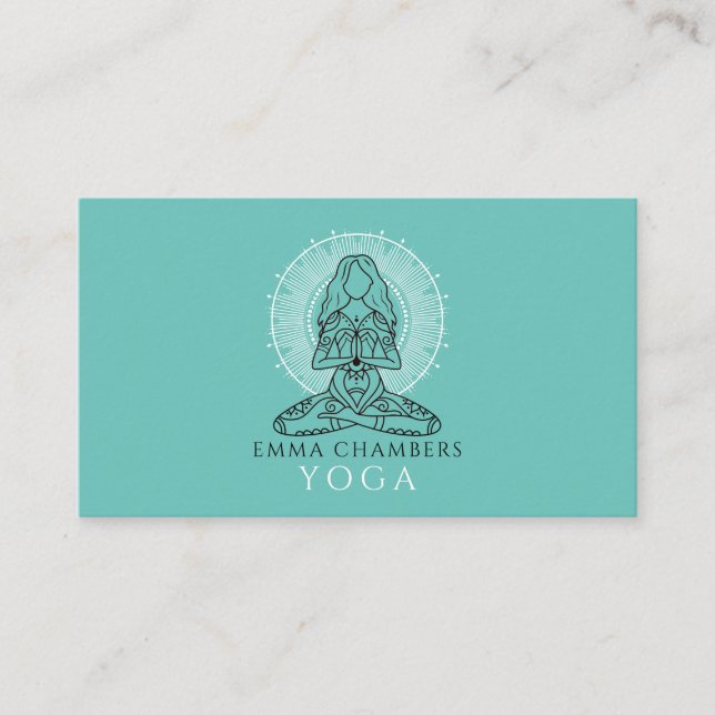 Yoga Teacher Lotus Pose Mandala Turquoise  Business Card (Front)
