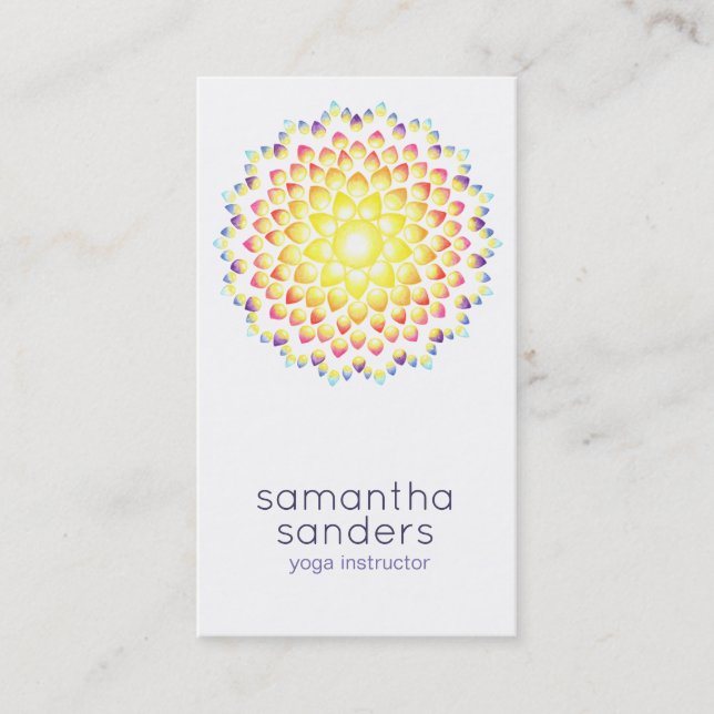 Yoga Teacher Shining Rainbow Mandala Business Card (Front)