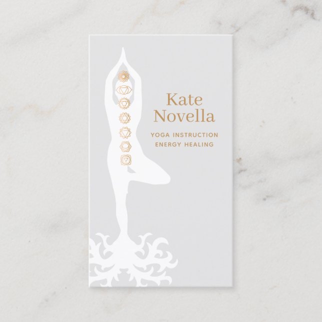 Yoga Teacher, Tree Pose with Roots and Chakras Business Card (Front)