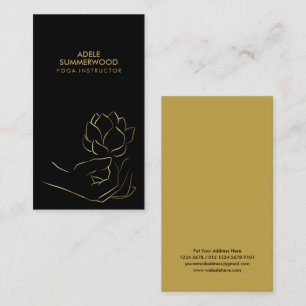 Yoga Theme Gold Line Hand & Lotus Flower Black Business Card
