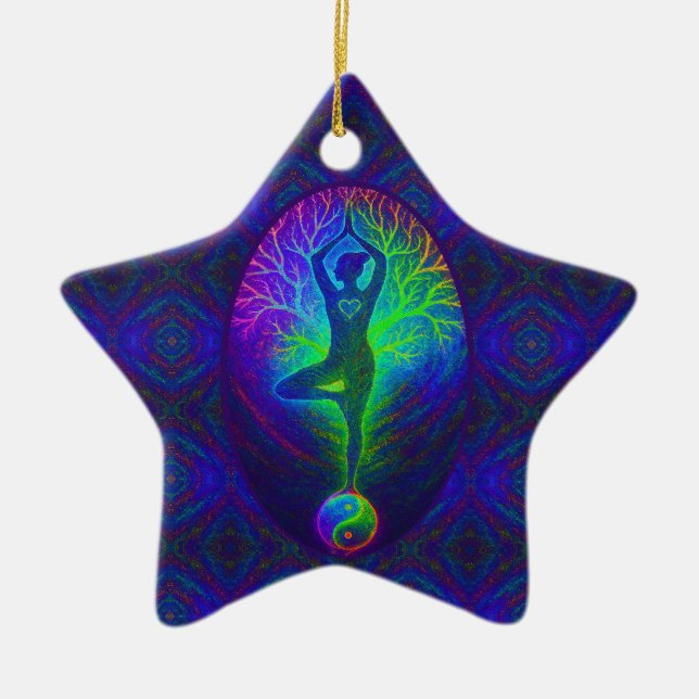 Yoga Tree Peace Rainbow Ceramic Ornament (Front)