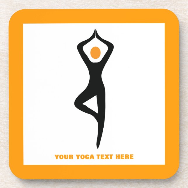 Yoga tree pose black, orange custom coaster (Front)