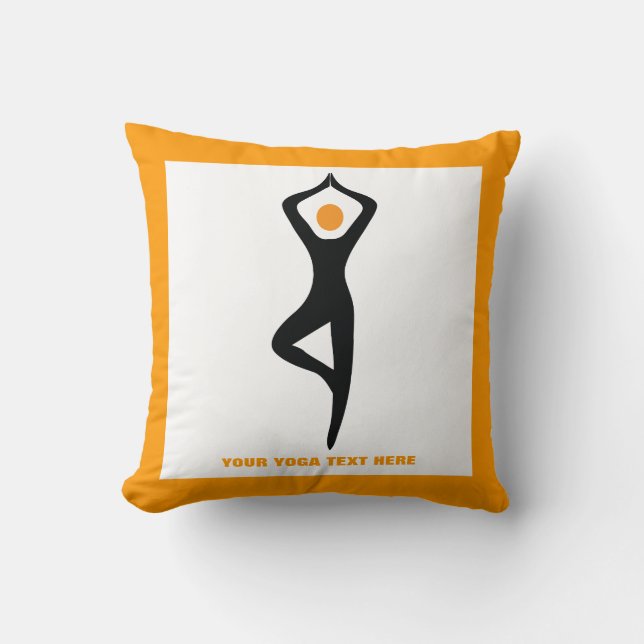 Yoga tree pose black, orange custom cushion (Front)