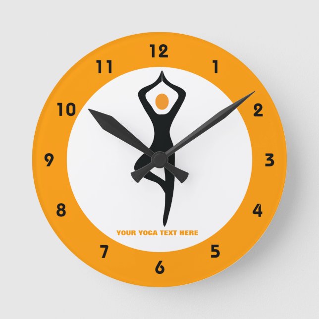 Yoga tree pose black, orange custom round clock (Front)