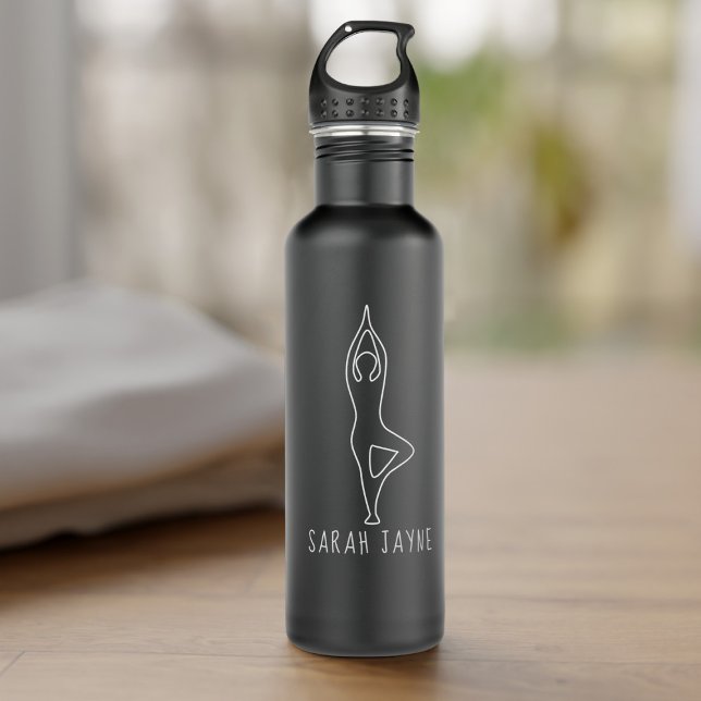 Yoga Tree Pose Outline Matte Black Water Bottle (Add your name and enjoy your new water bottle)