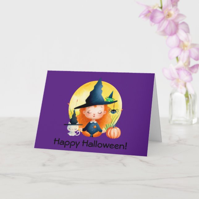 Yoga Witch and Cat Watercolor Halloween Greeting  Card (Orchid)