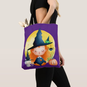 Yoga Witch and Cat Watercolor Halloween Purple Tote Bag