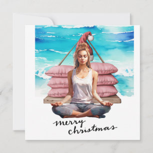 Yoga Woman at Beach Christmas themed Holiday Card