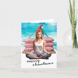 Yoga Woman  at Beach Christmas themed Holiday Card