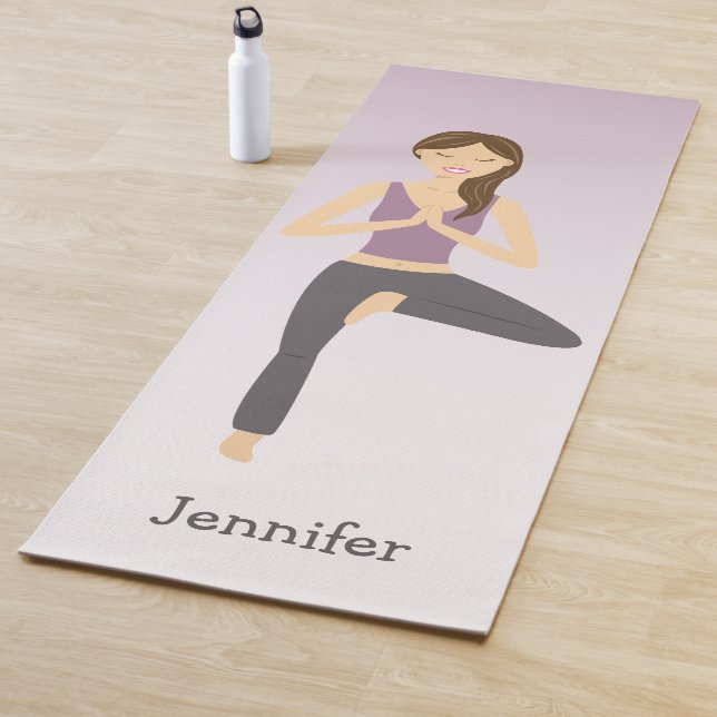 Yoga Woman In Tree Pose With Custom Name Lilac Mat (In Situ)