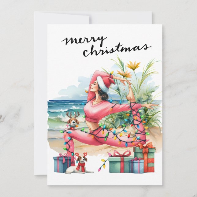 Yoga Woman with Gift at Beach Christmas themed Holiday Card (Front)
