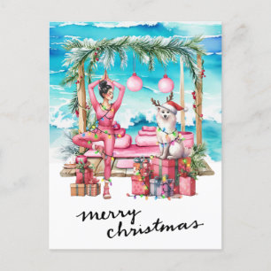 Yoga Woman with Gift at Beach Christmas themed Holiday Postcard