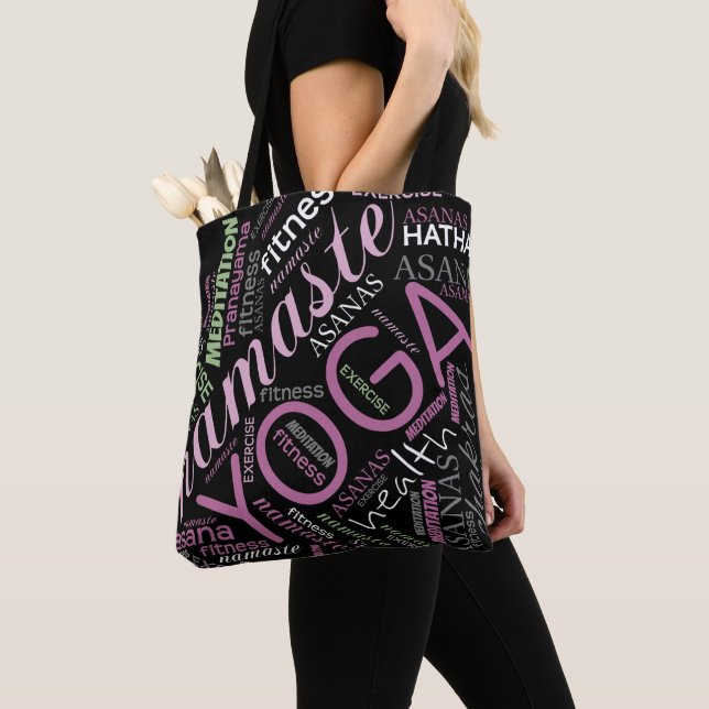 Yoga Word Cloud Plum/Green ID254 Tote Bag (Close Up)