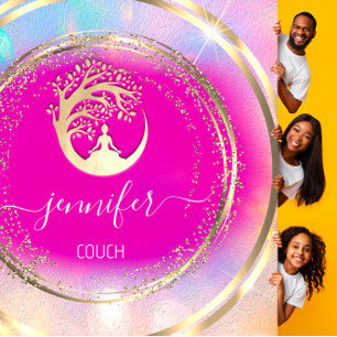 YogaCouch Therapist Mindfulness QR CODE Gold Pink Square Business Card