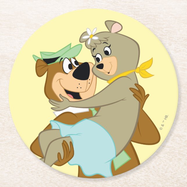Yogi Bear Carrying Cindy Bear Round Paper Coaster (Front)