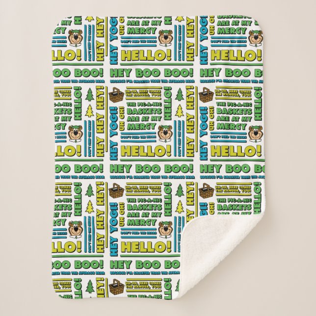 Yogi Bear's Picnic Quotes & Fun Phrases Pattern Sherpa Blanket (Front)