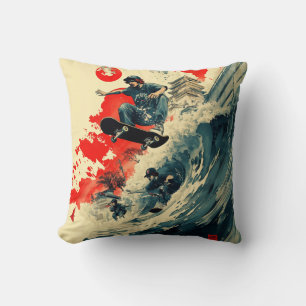 Yokai Wave: Skateboard Tsunani Throw Pillow