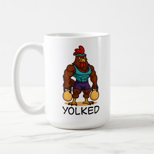 Yolked Rooster – Funny Strong Chicken Kettlebell Coffee Mug (Left)