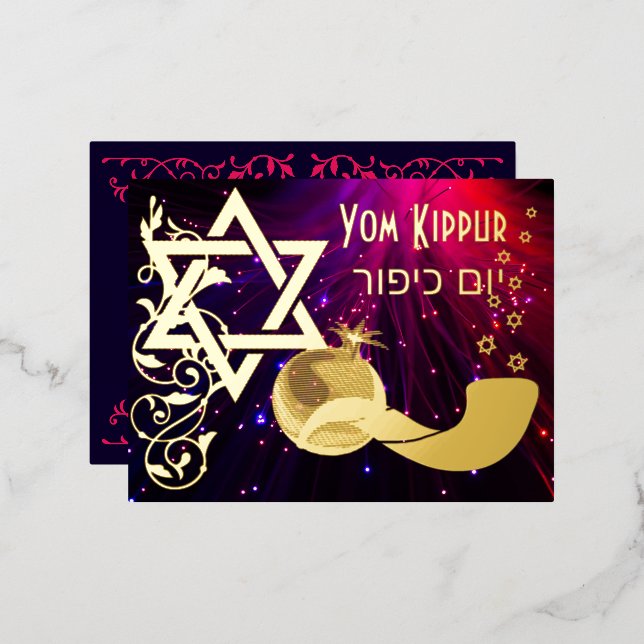 Yom Kippur Star Shofar Lights Real Gold Foil Card (Front/Back)