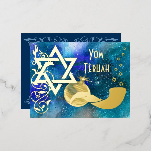 Yom Teruah Star Shofar Blue Real Gold Foil Card (Front/Back)