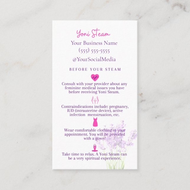 Yoni Steam Pre/Post Aftercare Instruction Card (Front)