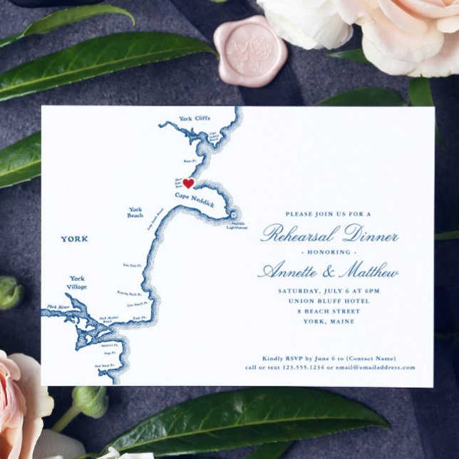York Maine Map Elegant Navy Rehearsal Dinner Invitation (These York Beach, Maine Rehearsal Dinner invitations feature an elegant navy blue map of Maine)